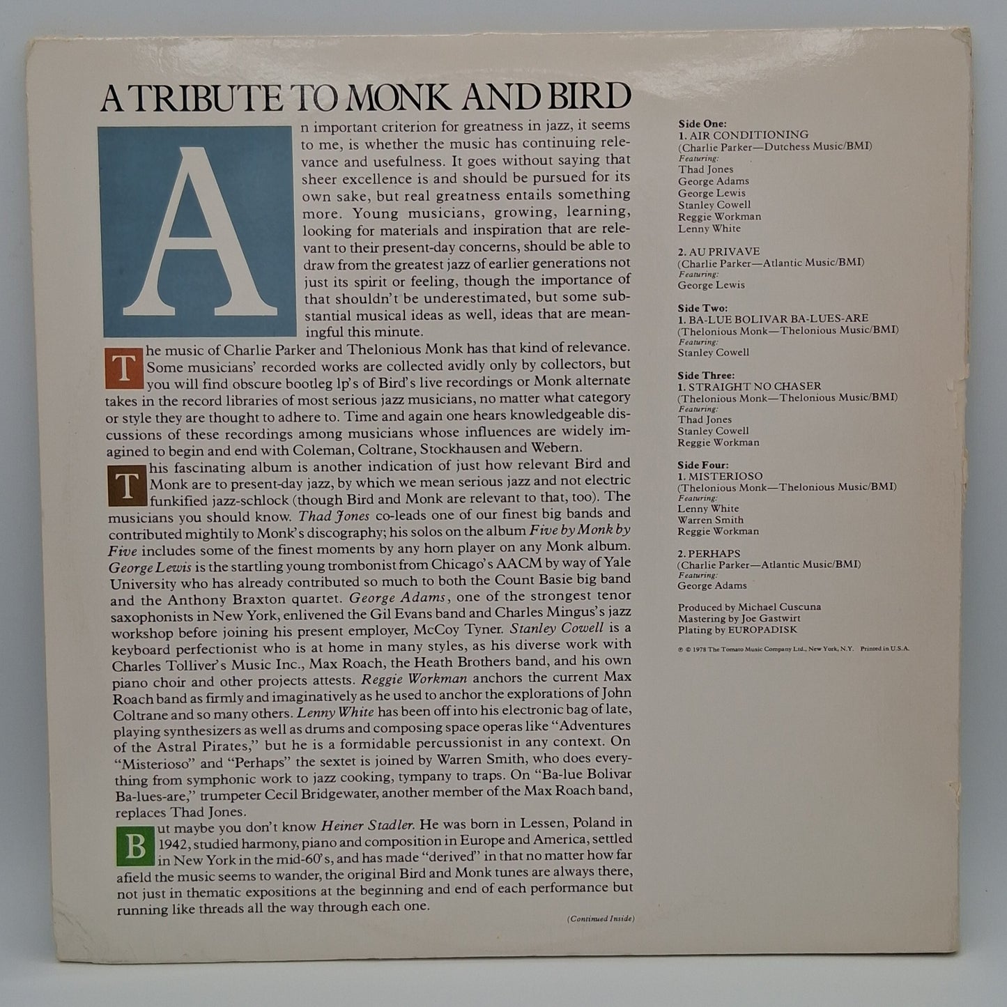 Thad Jones / George Adams / George Lewis / Stanley Cowell / Reggie Workman / Lenny White / Heiner Stadler – A Tribute To Monk And Bird