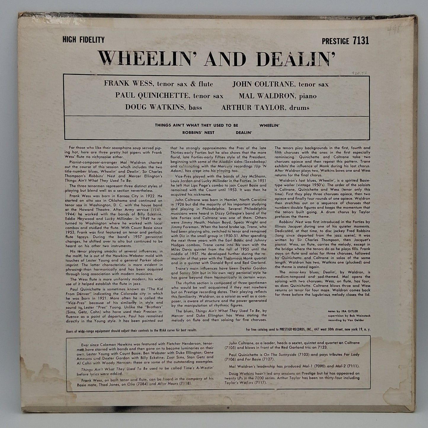 Frank Wess, John Coltrane, Paul Quinichette, Mal Waldron, Doug Watkins, Arthur Taylor – Wheelin' & Dealin'