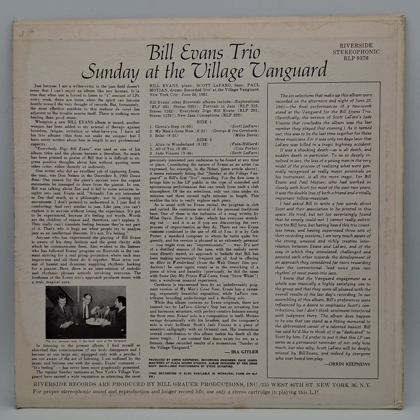 Bill Evans Trio Featuring Scott La Faro – Sunday At The Village Vanguard