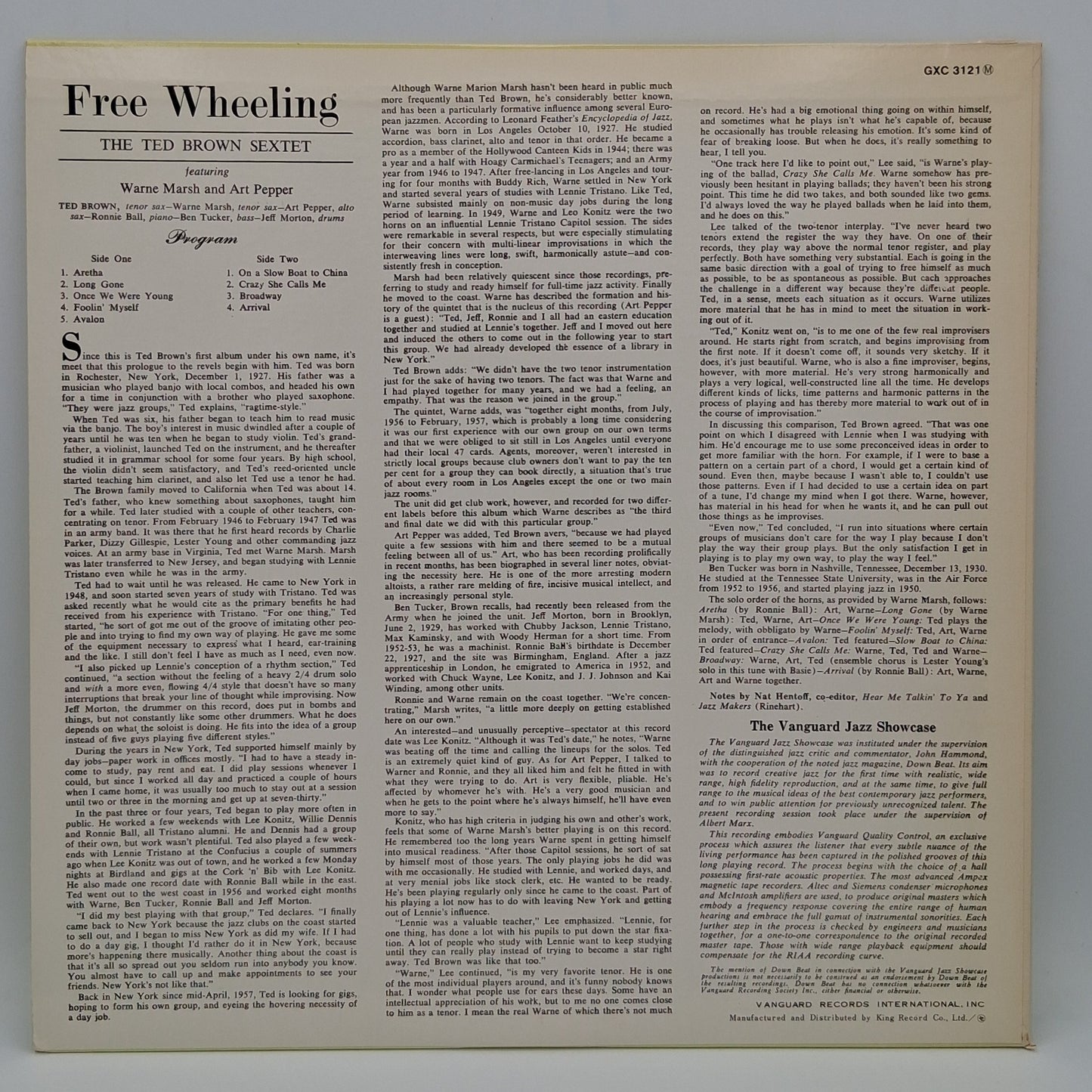 The Ted Brown Sextet Featuring Warne Marsh And Art Pepper – Free Wheeling