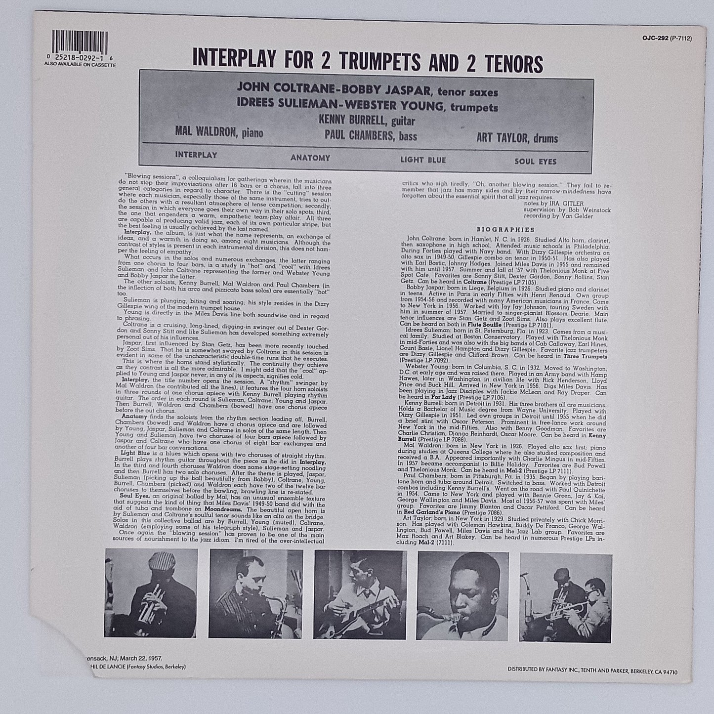 Idrees Sulieman, Webster Young, John Coltrane, Bobby Jaspar With Mal Waldron, Kenny Burrell, Paul Chambers, Art Taylor – Interplay For 2 Trumpets And 2 Tenors