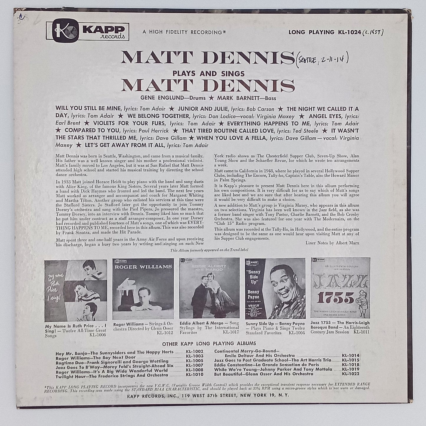 Matt Dennis – Plays And Sings Matt Dennis