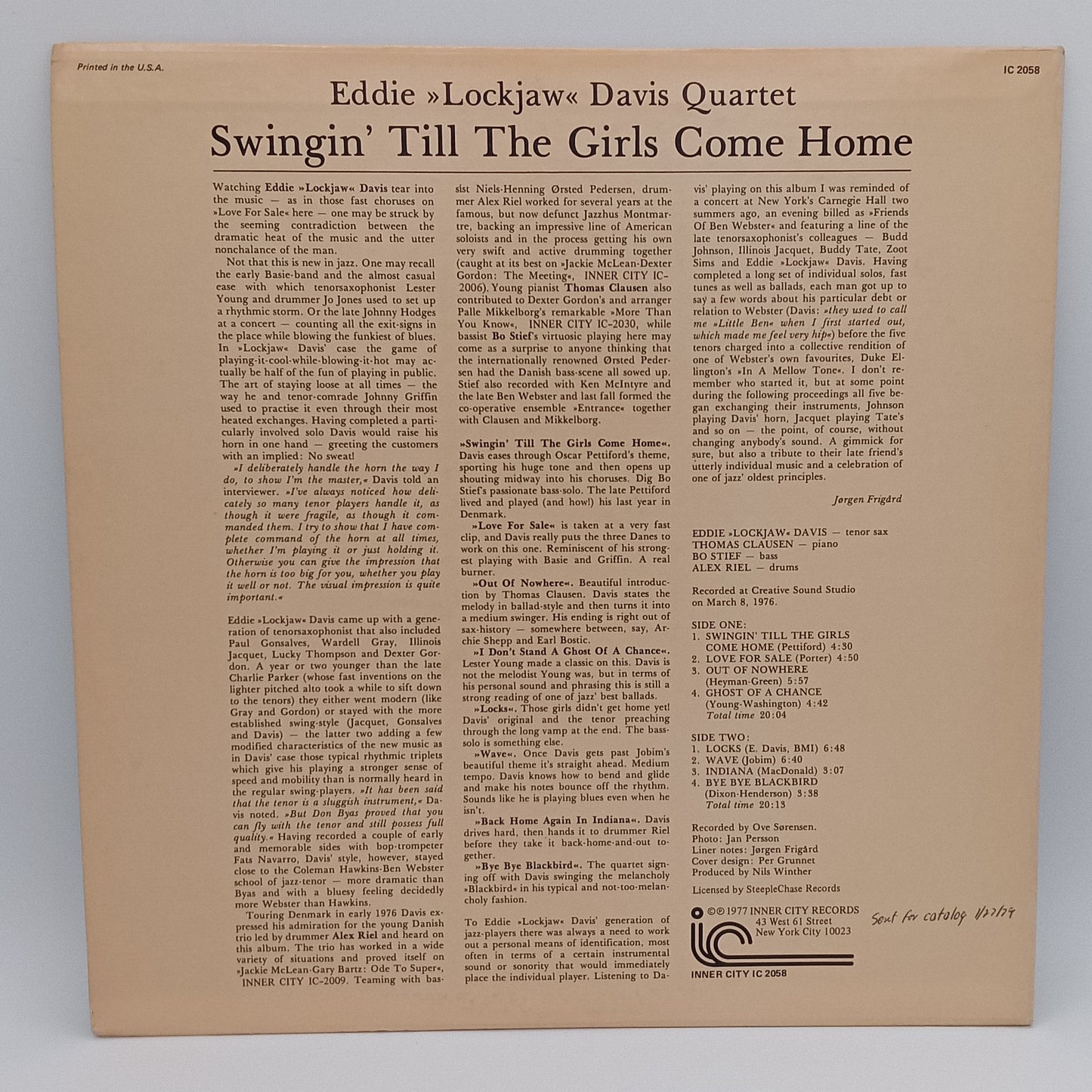 Eddie "Lockjaw" Davis Quartet* – Swingin' Till The Girls Come Home