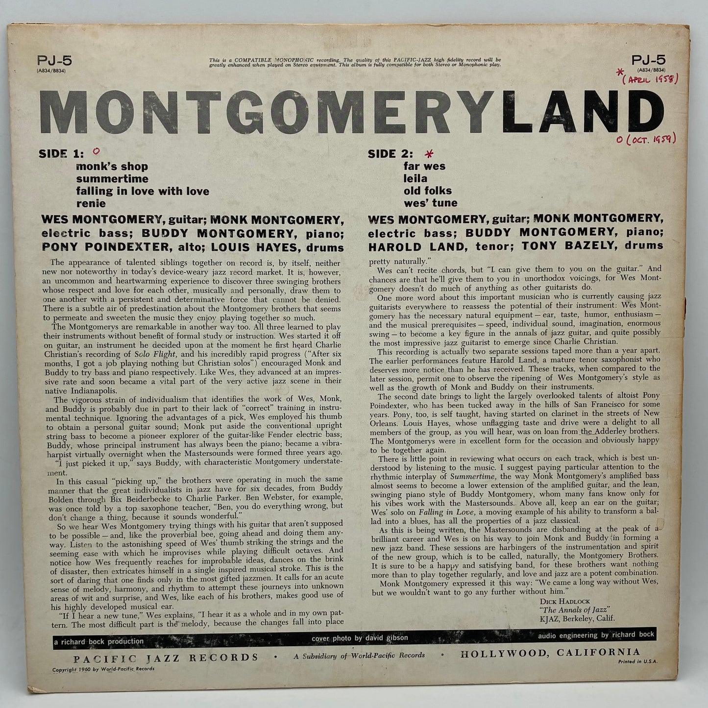 Monk Montgomery, Wes Montgomery, Buddy Montgomery, Harold Land, Pony Poindexter, Louis Hayes, Tony Bazley – Montgomeryland