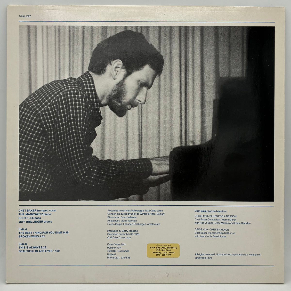 Chet Baker Quartet Featuring Phil Markowitz – Live At Nick's