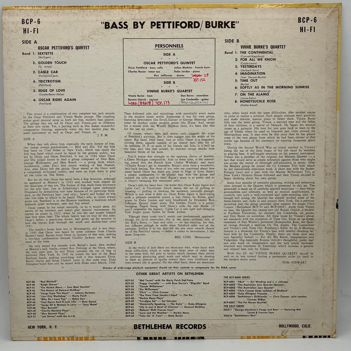Oscar Pettiford's Quintet / Vinnie Burke's Quartet – Bass By Pettiford/Burke