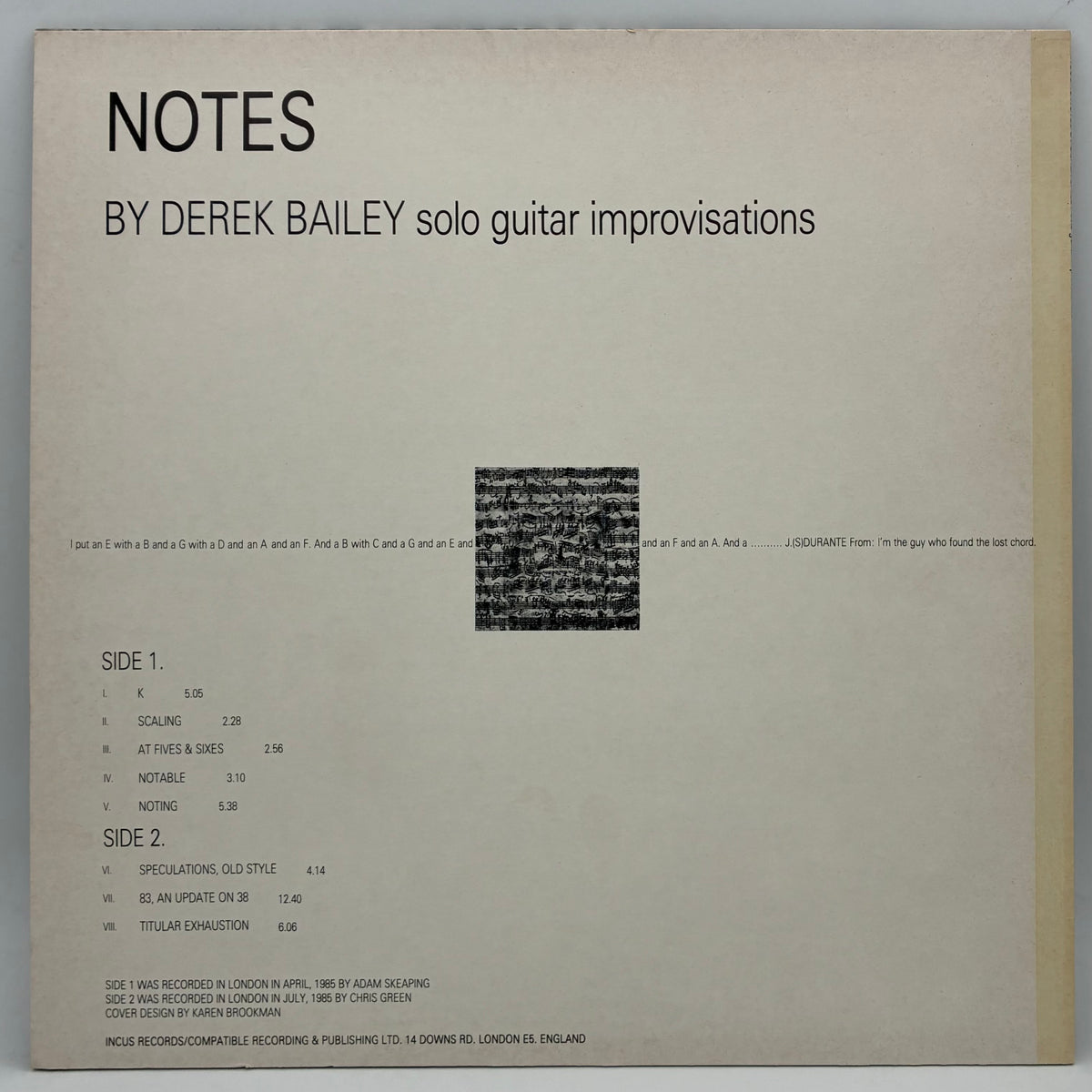 Derek Bailey – Notes: Solo Guitar Improvisations